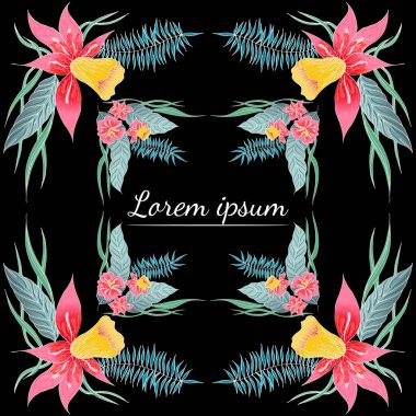 Tropik el çizimi orkide çiçekli çerçeveler. Orman yaprakları çizimi. Çiçek seti. El çizimi. Vektör koleksiyonu, izole edilmiş. Doğal bahar düğün kartı. Yaz tropik yaprakları. Botanik çerçeve