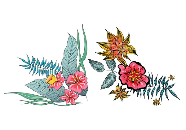 Set van twee zomerse kleurrijke tropische bloemen. Bloemen botanische bloem set geïsoleerd op witte achtergrond. Handgetekende vectorverzameling. Botanische Hawaï natuur. Tropisch palm icoon. Hawaiiaanse illustratie — Stockvector