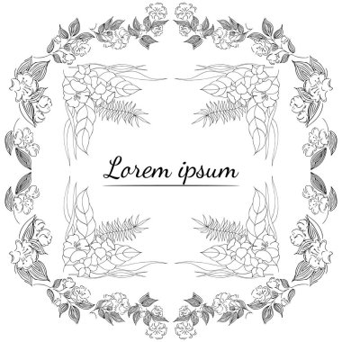 Tropikal el çiçekli çerçeveler çizdi. Taslak hazır. Orman yaprakları çizimi. Çiçek seti. El çizimi. Vektör izole koleksiyonu. Doğal bahar düğün kartı. Yaz tropik yaprakları. Botanik çerçeveler