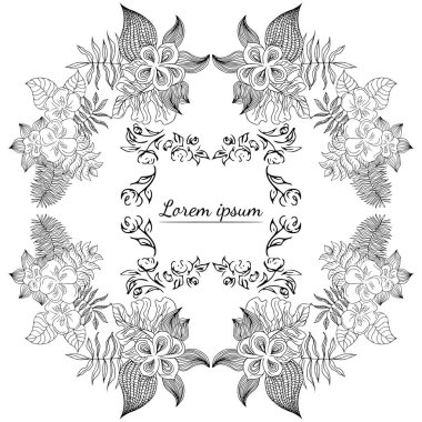 Tropikal el çiçekli çerçeveler çizdi. Taslak hazır. Orman yaprakları çizimi. Çiçek seti. El çizimi. Vektör izole koleksiyonu. Doğal bahar düğün kartı. Yaz tropik yaprakları. Botanik çerçeveler