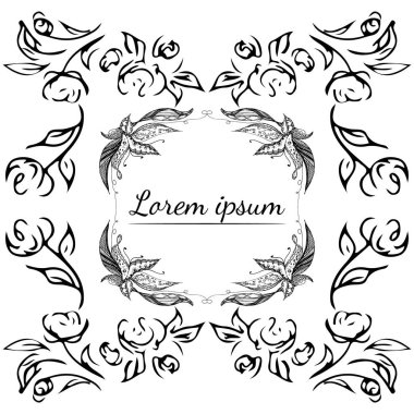 Tropikal el çiçekli çerçeveler çizdi. Taslak hazır. Orman yaprakları çizimi. Çiçek seti. El çizimi. Vektör izole koleksiyonu. Doğal bahar düğün kartı. Yaz tropik yaprakları. Botanik çerçeveler