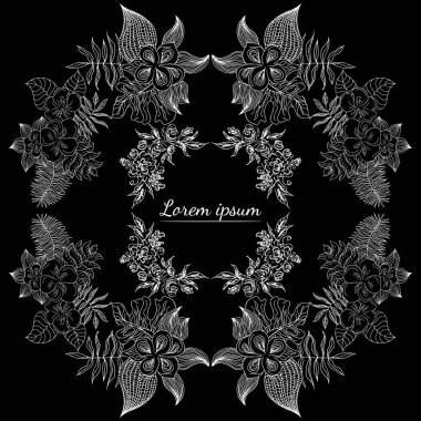 Tropikal el çiçekli çerçeveler çizdi. Taslak hazır. Orman yaprakları çizimi. Çiçek seti. El çizimi. Vektör izole koleksiyonu. Doğal bahar düğün kartı. Yaz tropik yaprakları. Botanik çerçeveler