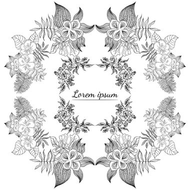 Tropikal el çiçekli çerçeveler çizdi. Taslak hazır. Orman yaprakları çizimi. Çiçek seti. El çizimi. Vektör izole koleksiyonu. Doğal bahar düğün kartı. Yaz tropik yaprakları. Botanik çerçeveler