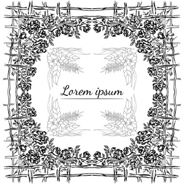 Tropikal el çiçekli çerçeveler çizdi. Taslak hazır. Orman yaprakları çizimi. Çiçek seti. El çizimi. Vektör izole koleksiyonu. Doğal bahar düğün kartı. Yaz tropik yaprakları. Botanik çerçeveler