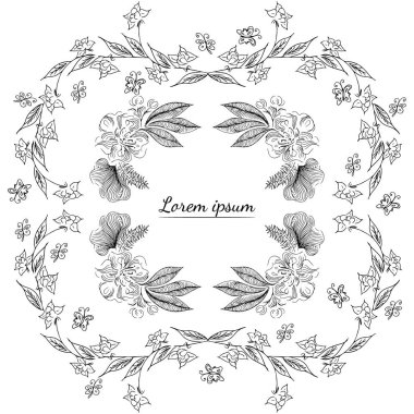 Tropikal el çiçekli çerçeveler çizdi. Taslak hazır. Orman yaprakları çizimi. Çiçek seti. El çizimi. Vektör izole koleksiyonu. Doğal bahar düğün kartı. Yaz tropik yaprakları. Botanik çerçeveler