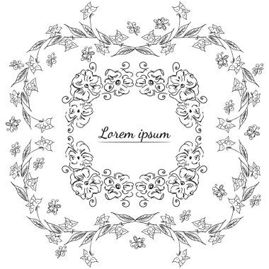 Tropikal el çiçekli çerçeveler çizdi. Taslak hazır. Orman yaprakları çizimi. Çiçek seti. El çizimi. Vektör izole koleksiyonu. Doğal bahar düğün kartı. Yaz tropik yaprakları. Botanik çerçeveler