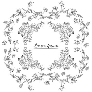 Tropikal el çiçekli çerçeveler çizdi. Taslak hazır. Orman yaprakları çizimi. Çiçek seti. El çizimi. Vektör izole koleksiyonu. Doğal bahar düğün kartı. Yaz tropik yaprakları. Botanik çerçeveler