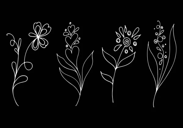 Big outline set of summer tropical flowers. Floral botanical flower set isolated on black background. Hand drawn vector collection. Botanical Hawaii nature. Tropical palm icon. Hawaiian collection — Stock Vector