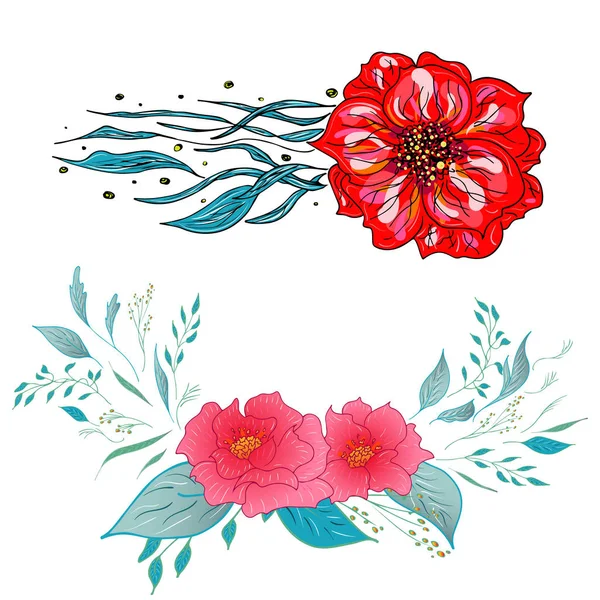 Set of two summer colorful tropical flowers. Floral botanical flower set isolated on white background. Hand drawn vector collection. Botanical Hawaii nature. Tropical palm icon. Hawaiian illustration — Stock Vector