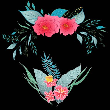 İki renkli tropikal çiçek seti. Bitkisel çiçek seti siyah arka planda izole edilmiş. El çizimi vektör koleksiyonu. Botanik Hawaii doğası. Tropik avuç içi ikonu. Hawaii illüstrasyonu