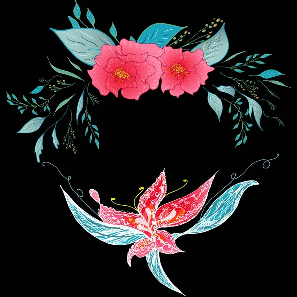 Set di due fiori tropicali colorati estivi. Fiore botanico floreale insieme isolato su sfondo nero. Collezione vettoriale disegnata a mano. Natura botanica delle Hawaii. Icona tropicale del palmo. Illustrazione hawaiana — Vettoriale Stock