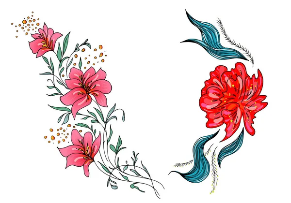 Conjunto de duas flores tropicais coloridas de verão. Floral flor botânica conjunto isolado sobre fundo branco. Coleção vetorial desenhada à mão. Natureza botânica havaiana. Ícone de palma tropical. Ilustração havaiana — Vetor de Stock