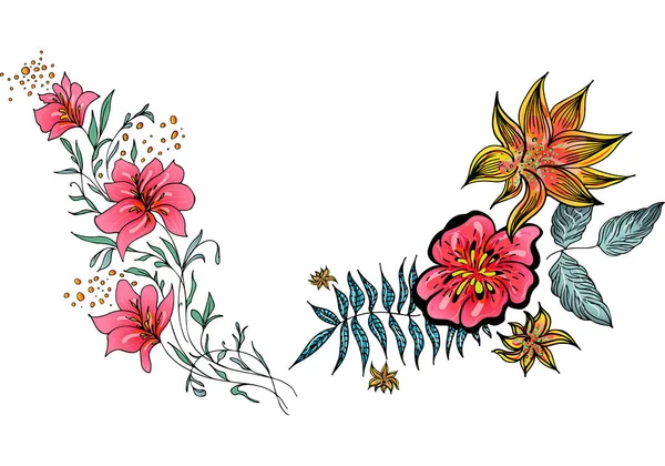 Set di due fiori tropicali colorati estivi. Fiore botanico floreale incastonato isolato su sfondo bianco. Collezione vettoriale disegnata a mano. Natura botanica delle Hawaii. Icona tropicale del palmo. Illustrazione hawaiana — Vettoriale Stock