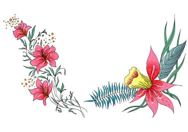Conjunto de duas flores tropicais coloridas de verão. Floral flor botânica conjunto isolado sobre fundo branco. Coleção vetorial desenhada à mão. Natureza botânica havaiana. Ícone de palma tropical. Ilustração havaiana —  Vetores de Stock
