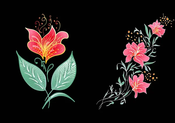 Set van twee zomerse kleurrijke tropische bloemen. Bloemen botanische bloem set geïsoleerd op zwarte achtergrond. Handgetekende vectorverzameling. Botanische Hawaï natuur. Tropisch palm icoon. Hawaiiaanse illustratie — Stockvector