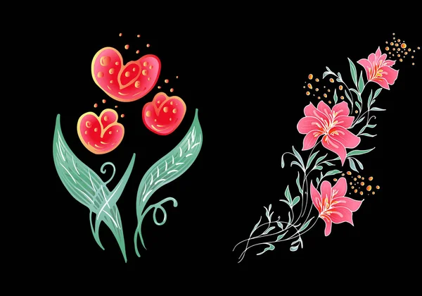 Set van twee zomerse kleurrijke tropische bloemen. Bloemen botanische bloem set geïsoleerd op zwarte achtergrond. Handgetekende vectorverzameling. Botanische Hawaï natuur. Tropisch palm icoon. Hawaiiaanse illustratie — Stockvector