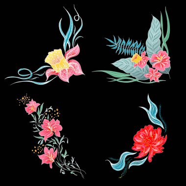4 yaz renkli tropikal çiçek seti. Bitkisel çiçek seti siyah arka planda izole edilmiş. El çizimi vektör koleksiyonu. Botanik Hawaii doğası. Tropik avuç içi ikonu. Hawaii illüstrasyonu
