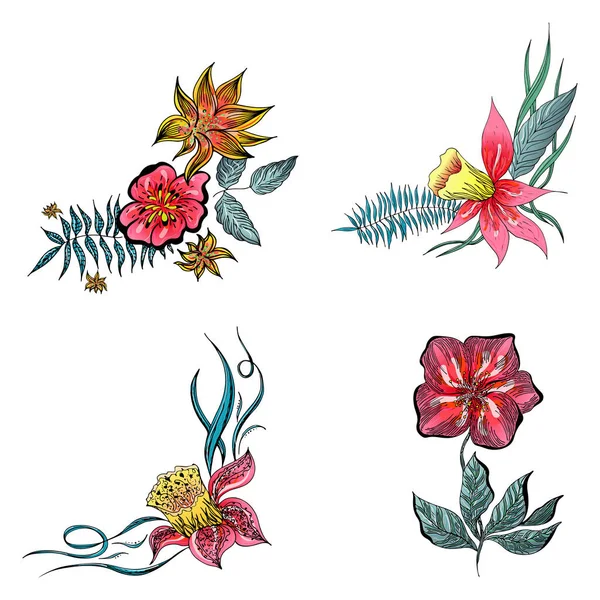 Lot de 4 fleurs tropicales colorées d'été. Fleur botanique florale isolée sur fond blanc. Collection vectorielle dessinée à la main. Nature botanique hawaïenne. Icône de palmier tropical. Illustration hawaïenne — Image vectorielle