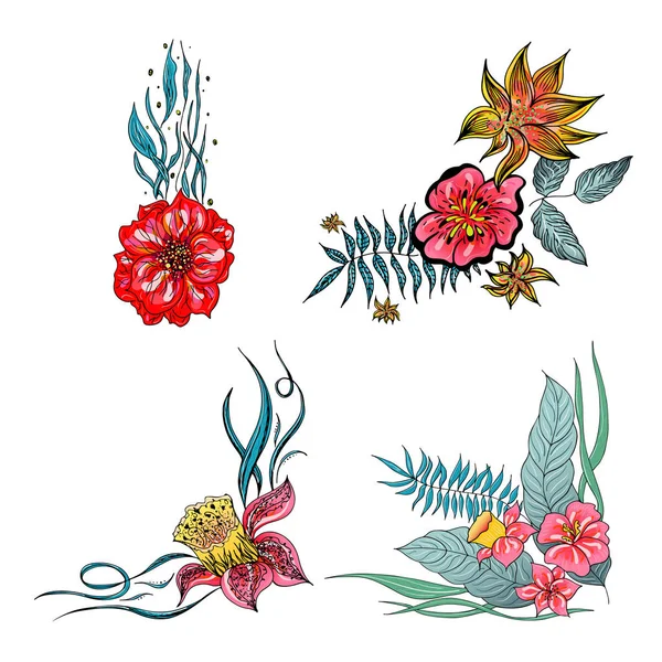 Lot de 4 fleurs tropicales colorées d'été. Fleur botanique florale isolée sur fond blanc. Collection vectorielle dessinée à la main. Nature botanique hawaïenne. Icône de palmier tropical. Illustration hawaïenne — Image vectorielle
