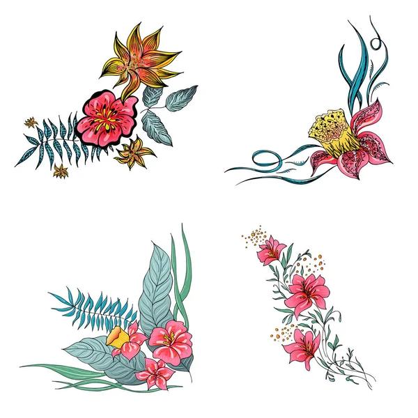 Set von 4 Sommer bunten tropischen Blumen. Blumen botanische Blume gesetzt isoliert auf weißem Hintergrund. handgezeichnete Vektorsammlung. botanische hawaiianische Natur. tropische Palmen. hawaiianische Illustration — Stockvektor