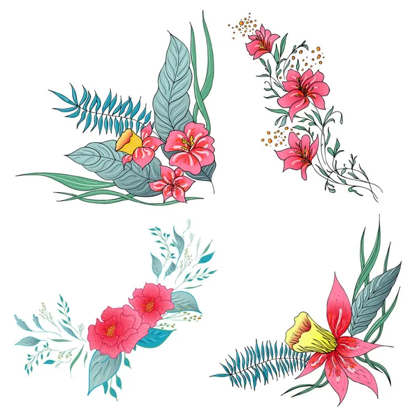 Set von 4 Sommer bunten tropischen Blumen. Blumen botanische Blume gesetzt isoliert auf weißem Hintergrund. handgezeichnete Vektorsammlung. botanische hawaiianische Natur. tropische Palmen. hawaiianische Illustration — Stockvektor