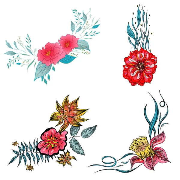 Set von 4 Sommer bunten tropischen Blumen. Blumen botanische Blume gesetzt isoliert auf weißem Hintergrund. handgezeichnete Vektorsammlung. botanische hawaiianische Natur. tropische Palmen. hawaiianische Illustration — Stockvektor