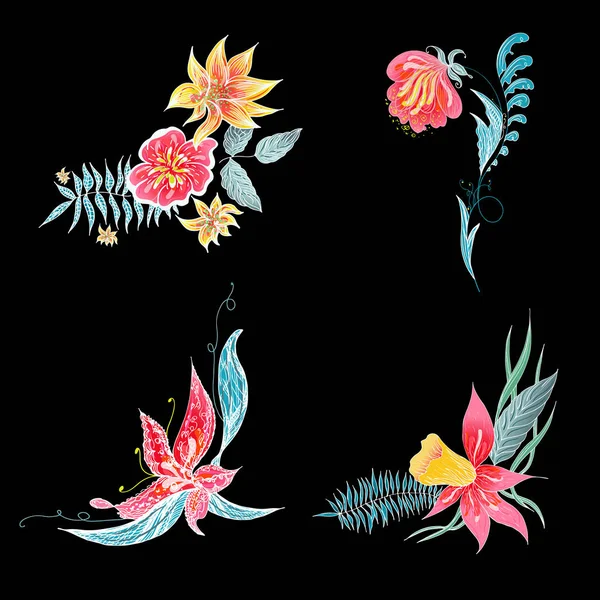 Lot de 4 fleurs tropicales colorées d'été. Fleur botanique florale isolée sur fond noir. Collection vectorielle dessinée à la main. Nature botanique hawaïenne. Icône de palmier tropical. Illustration hawaïenne — Image vectorielle