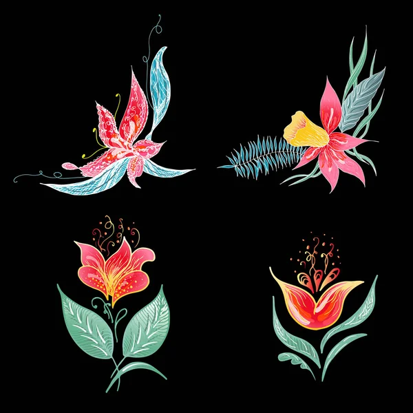 Conjunto de 4 flores tropicais coloridas de verão. Floral flor botânica conjunto isolado sobre fundo preto. Coleção vetorial desenhada à mão. Natureza botânica havaiana. Ícone de palma tropical. Ilustração havaiana —  Vetores de Stock