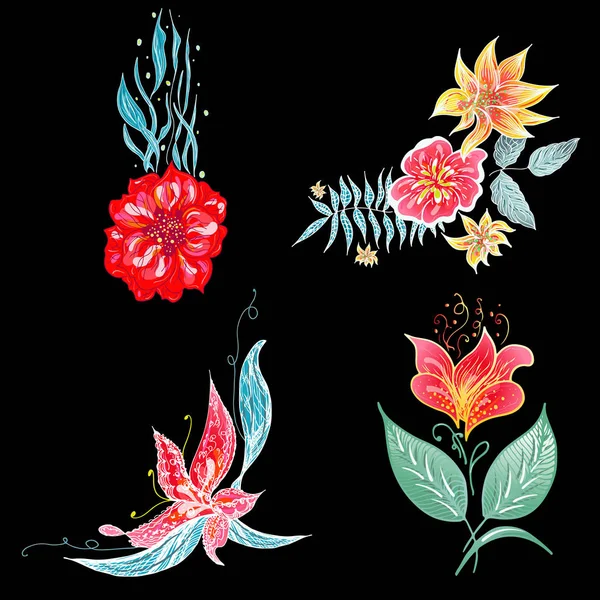 Set de 4 coloridas flores tropicales de verano. Conjunto de flores botánicas florales aisladas sobre fondo negro. Colección vectorial dibujada a mano. Naturaleza botánica de Hawai. Icono de palma tropical. Ilustración hawaiana — Archivo Imágenes Vectoriales