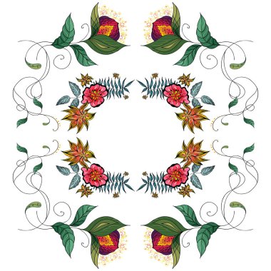 Tropik el çizimi çiçek desenleri. Orman yaprakları çizimi. Çiçek seti. Tasarım elemanları. Vektör koleksiyonu, izole edilmiş. Doğal bahar düğün kartı. Yaz tropik yaprakları. Botanik çerçeveler