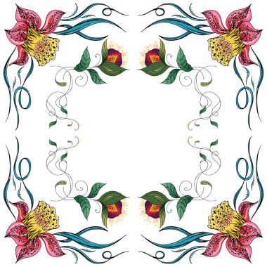 Tropik el çizimi çiçek desenleri. Orman yaprakları çizimi. Çiçek seti. Tasarım elemanları. Vektör koleksiyonu, izole edilmiş. Doğal bahar düğün kartı. Yaz tropik yaprakları. Botanik çerçeveler