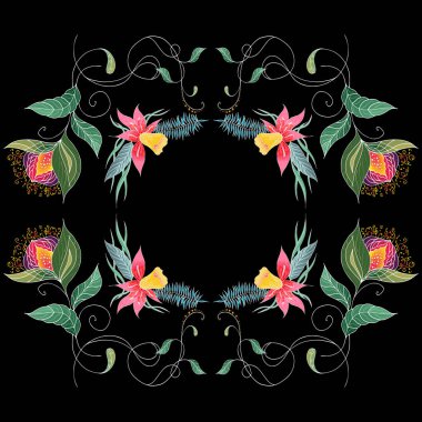 Tropik el çizimi çiçek desenleri. Orman yaprakları çizimi. Çiçek seti. Tasarım elemanları. Vektör koleksiyonu, izole edilmiş. Doğal bahar düğün kartı. Yaz tropik yaprakları. Botanik çerçeveler