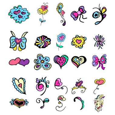 Çiçekler ve kalpler elle çizilmiş renkli karalama koleksiyonu beyaz arka planda izole edilmiş. 25 çiçek grafik elementi. Büyük vektör düz kümesi. Taslak koleksiyonu