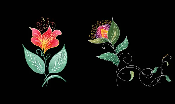 Set van twee zomerse kleurrijke tropische bloemen. Bloemen botanische bloem set geïsoleerd op zwarte achtergrond. Handgetekende vectorverzameling. Botanische Hawaï natuur. Tropisch palm icoon. Hawaiiaanse illustratie — Stockvector