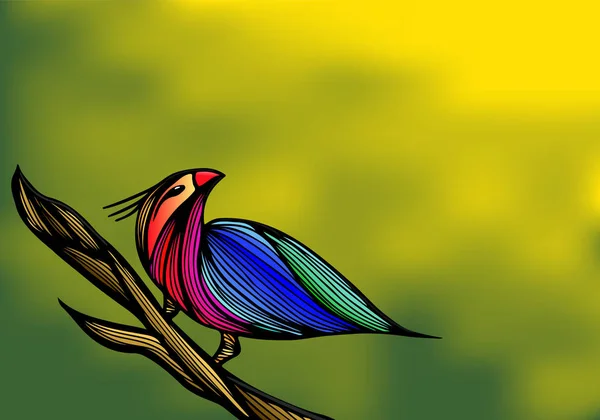 Belo ícone abstrato com pássaro tropical colorido plano sobre um fundo verde. Pássaro tropical abstrato colorido sentado em um ramo marrom — Vetor de Stock