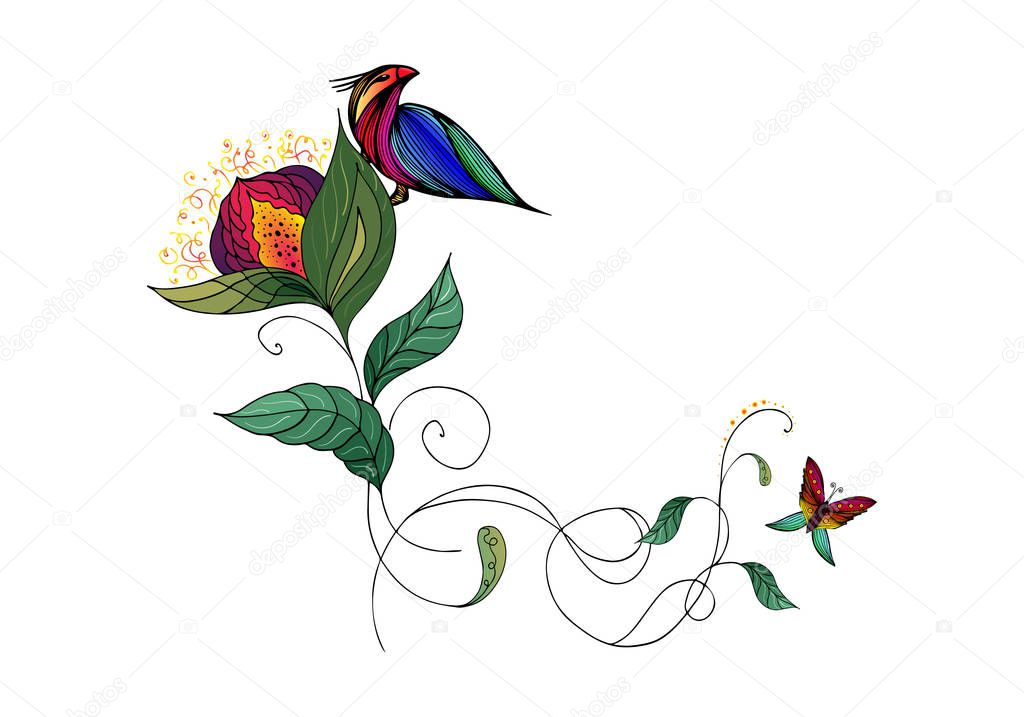 Summer tropical flat flower. Colorful abstract tropical bird sitting on a flower. Flatline icon. Colorful butterfly in abstract style on white background