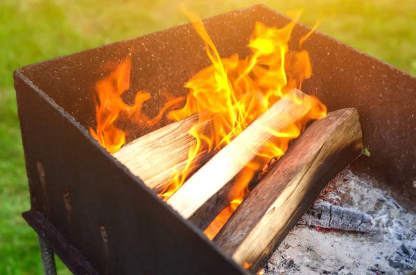 Crest of flame on burning wood in fireplace — Stock Photo, Image