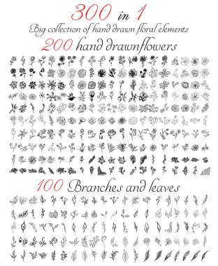 Huge collection of 300 hand-drawn floral elements. Big collection of 200 hand-drawn flowers and 100 brunches and leaves. Big floral botanical set isolated on a white background.