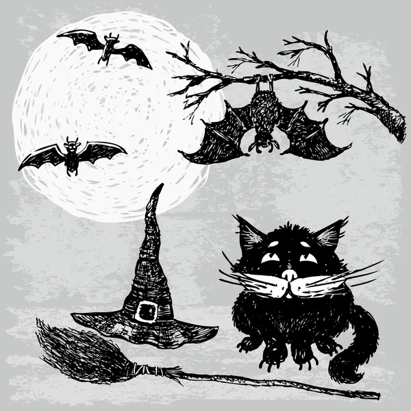 Gato preto na noite de Halloween — Vetor de Stock