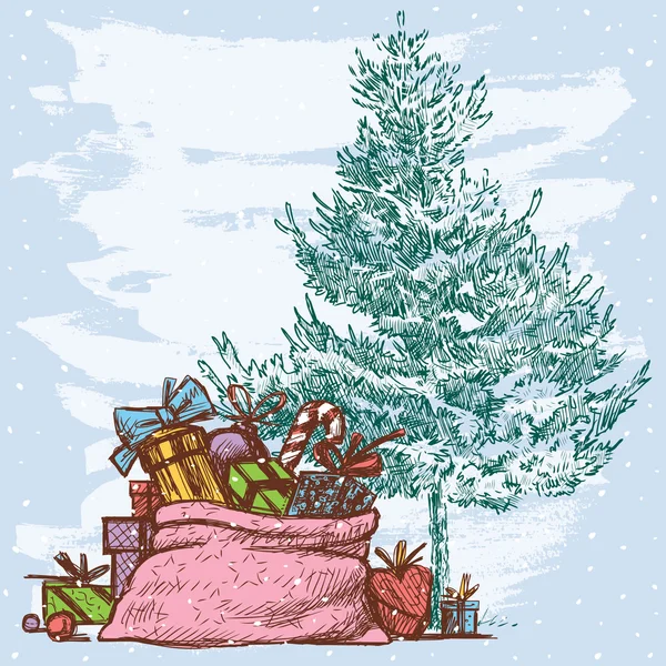 Kerstkaart met een fir-tree en de giften van Kerstmis — Stockvector