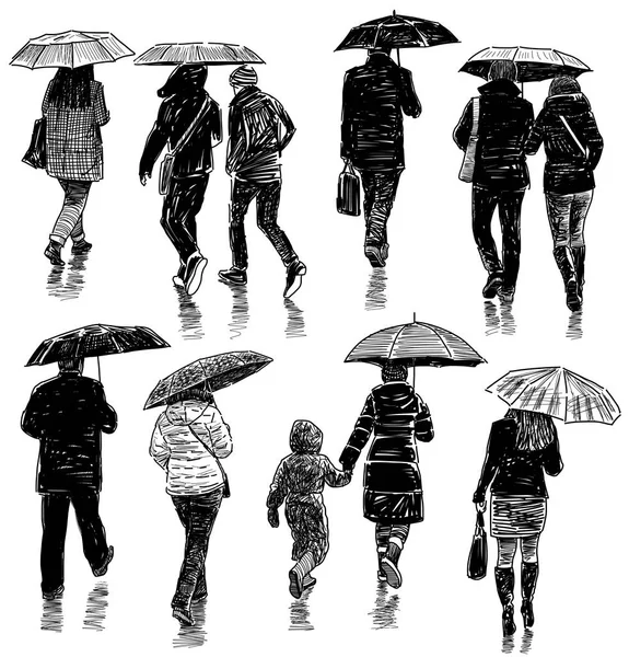 Szkic ludzi w deszczu — Zdjęcie stockowe