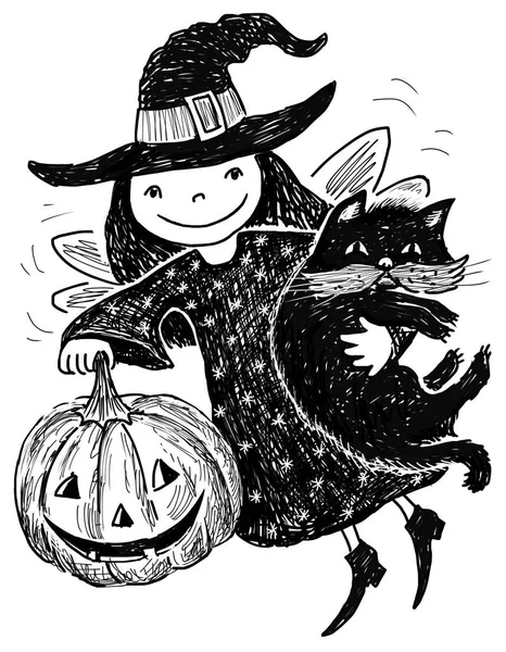 Skizze einer Halloween-Elfe mit einer Katze — Stockfoto