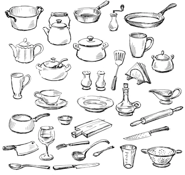 Skisser av all köksutrustning — Stockfoto