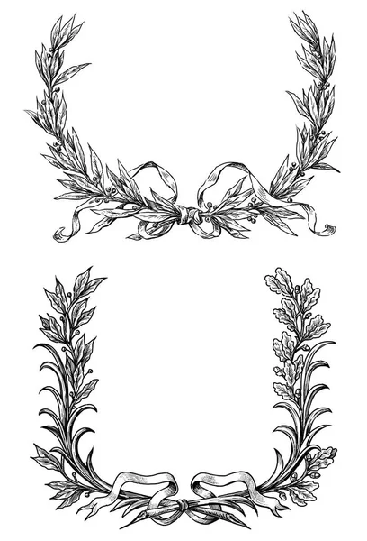 Sketches of the laurel and oak branches with ribbons — Stock Photo, Image
