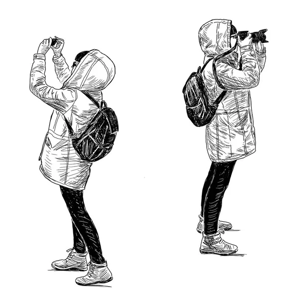 Sketch of a girl tourist takes pictures — Stock Photo, Image