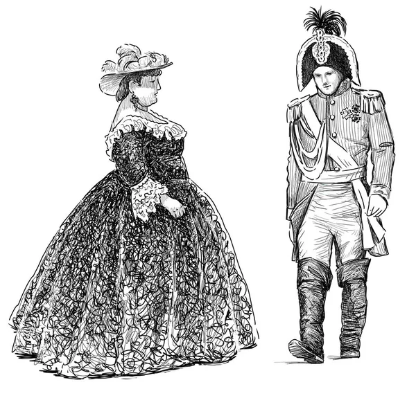 Ручные рисунки лиц в исторических костюмах — стоковое фото