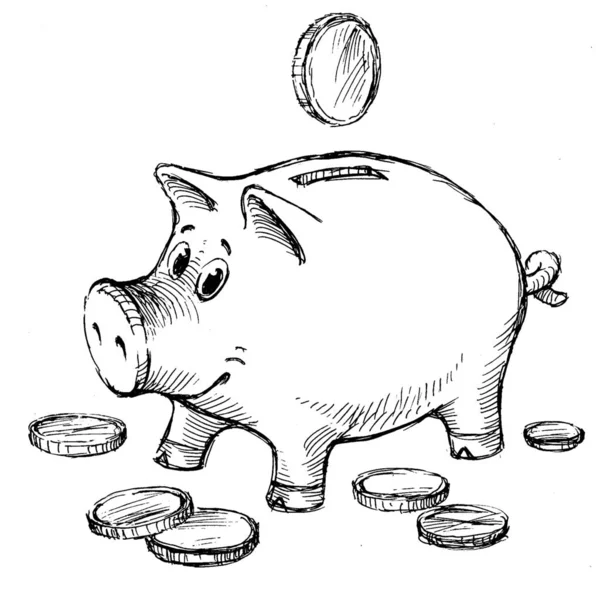 Sketch of a piggy bank with coins — Stock Photo, Image