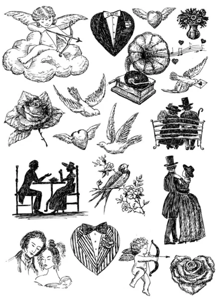 Sketches of the symbols of valentines day — Stock Photo, Image