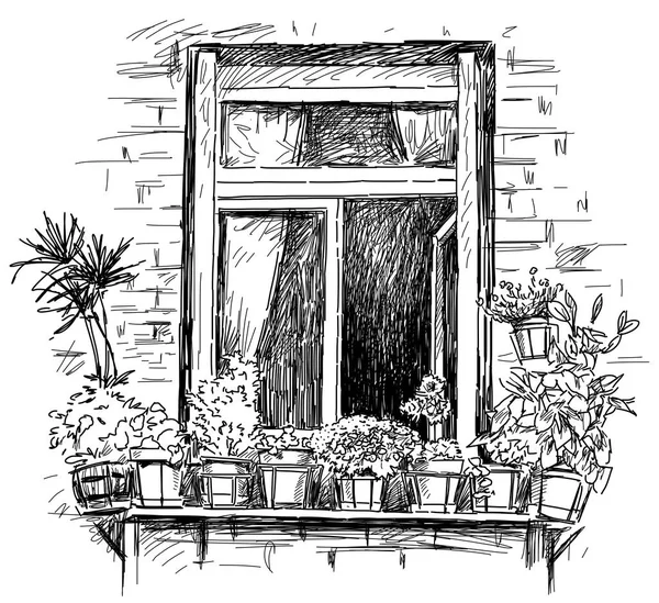 Desenho à mão de uma janela com as flores — Fotografia de Stock