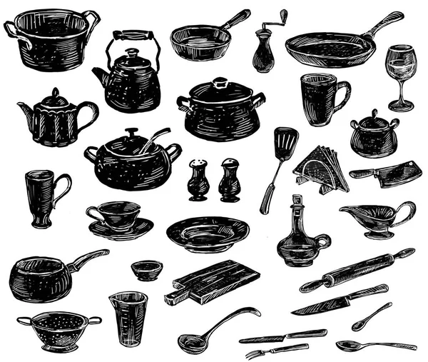 Dibujos a mano de las siluetas de los utensilios de cocina — Foto de Stock
